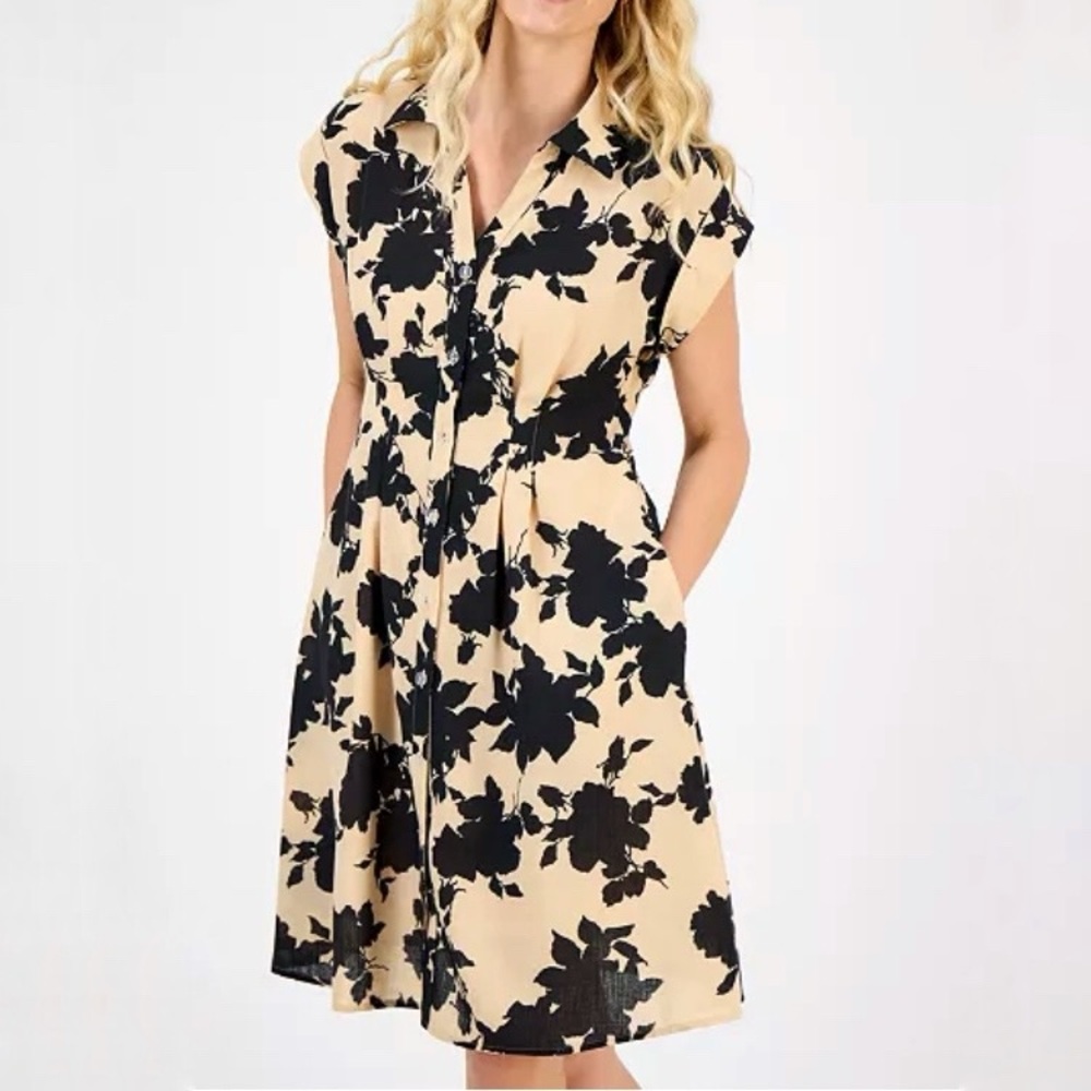 Julia Jordan Spread Collar Button Front Shirt Dress Size 10 Tan Floral Pockets - Picture 15 of 15